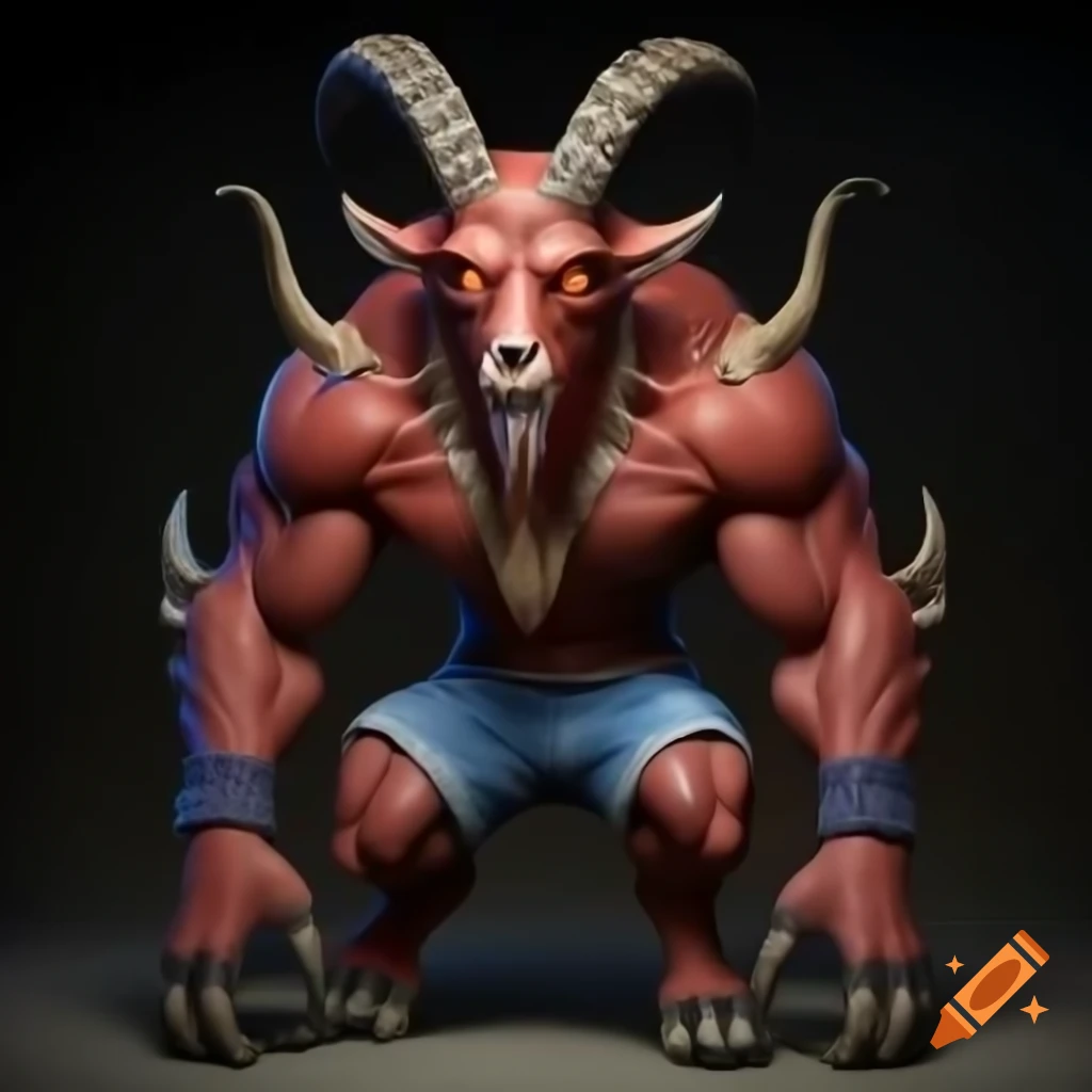 Goat-headed demon with muscular body and tennis shoes in realistic depiction