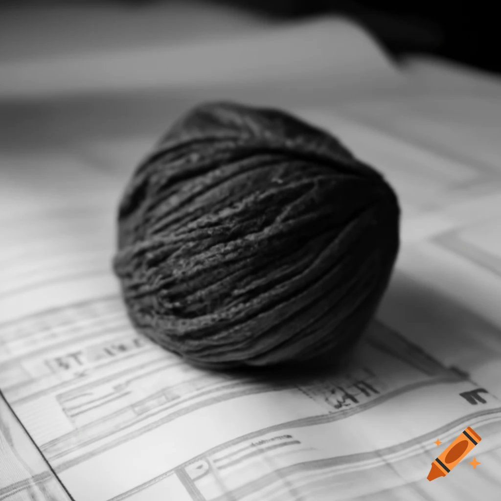 Detailed yarn ball on blueprint, black and white