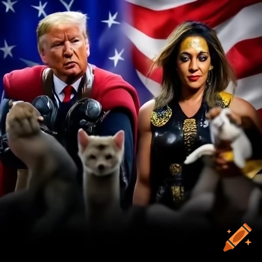 Donald Trump as Thor and Kamala Harris as Cleopatra surrounded by playful animals and American flag