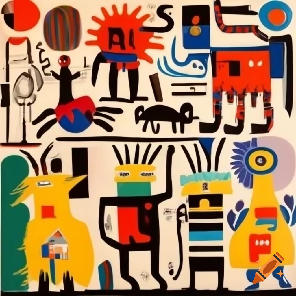 Medieval creatures painted in Jean-Michel Basquiat style