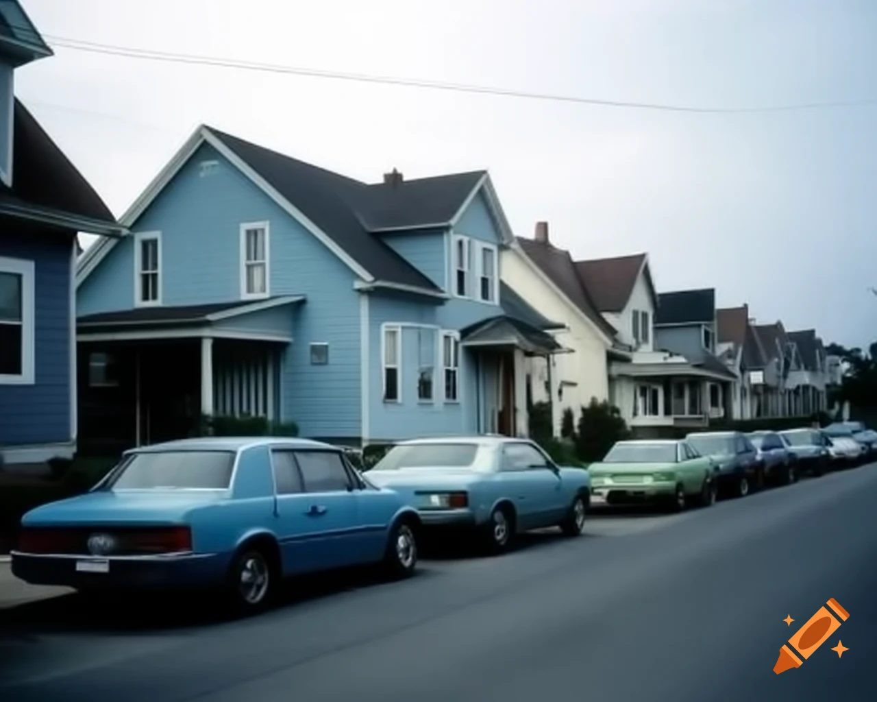 90s neighborhood with light blue houses and vintage cars