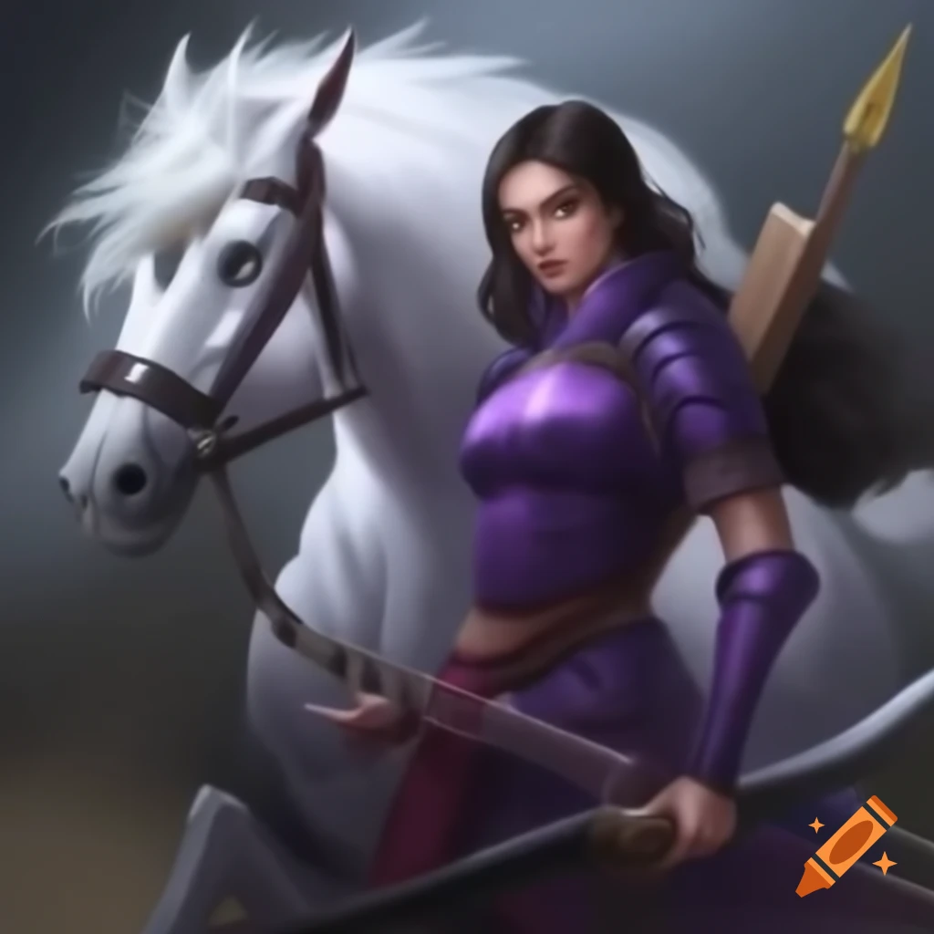 Woman samurai in purple armor with spear and bow, white horse in background