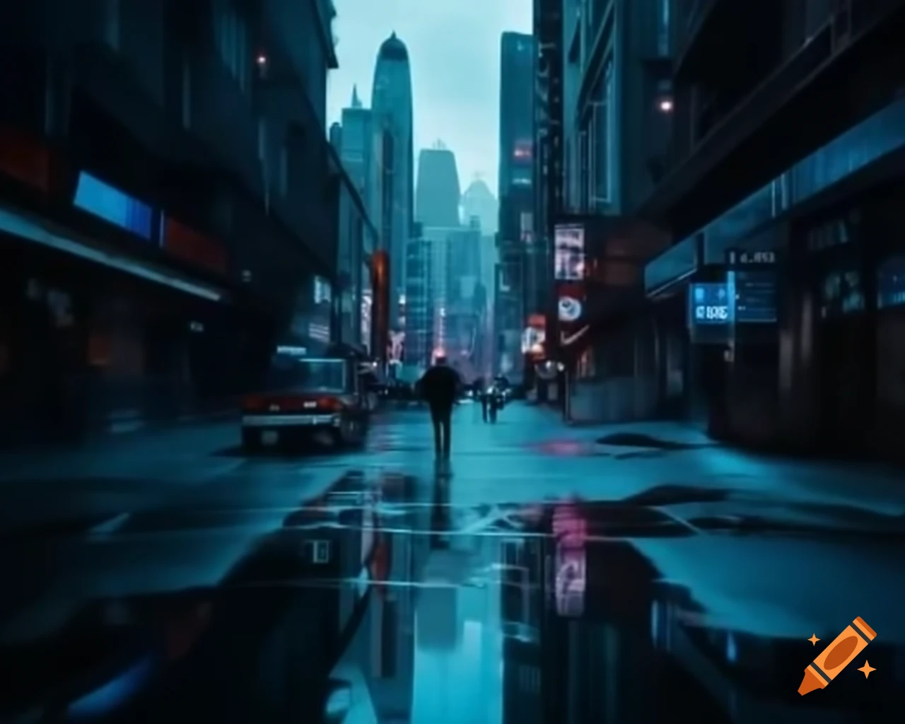 Neon splashes in gritty cityscape with electric blues and film-grain textures
