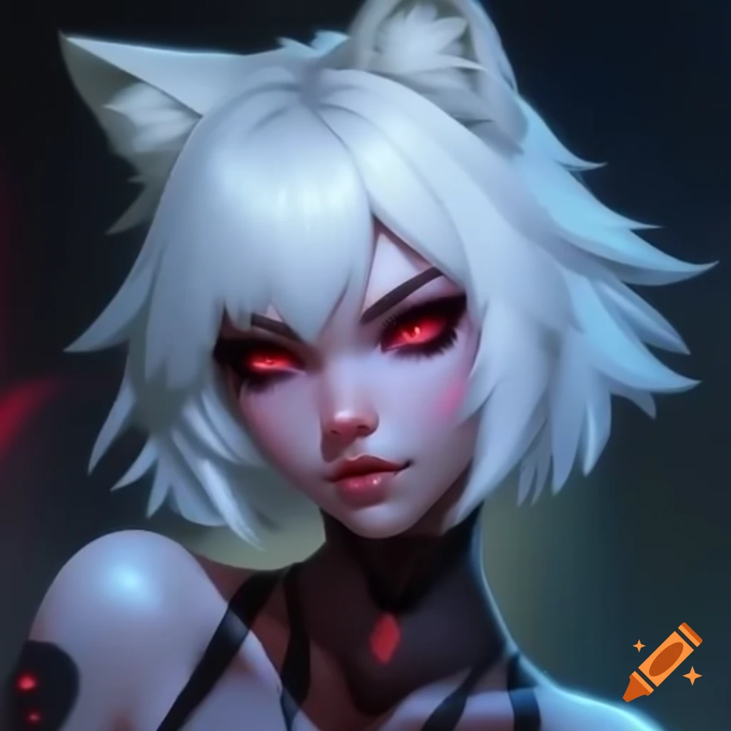 Cyberpunk girl with white hair, wolf ears, and red eyes in 4k HD