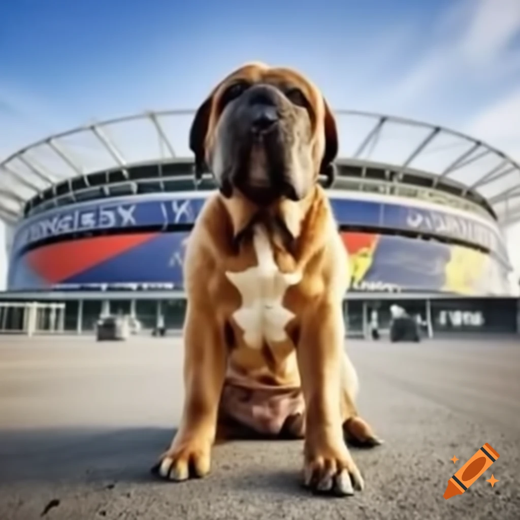 Giant dog sitting on forecourt of Decathlon Arena stadium in Lille