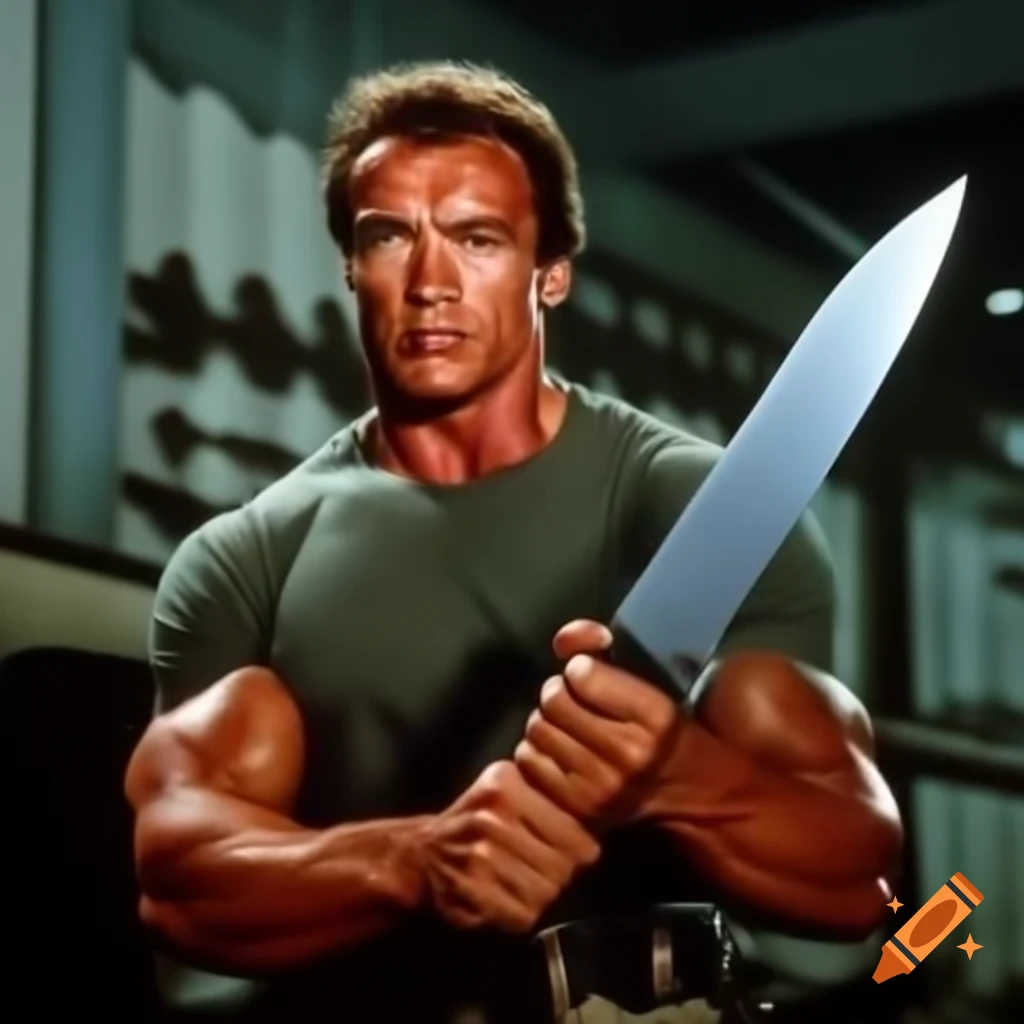 Arnold Schwarzenegger in army attire holding a large knife