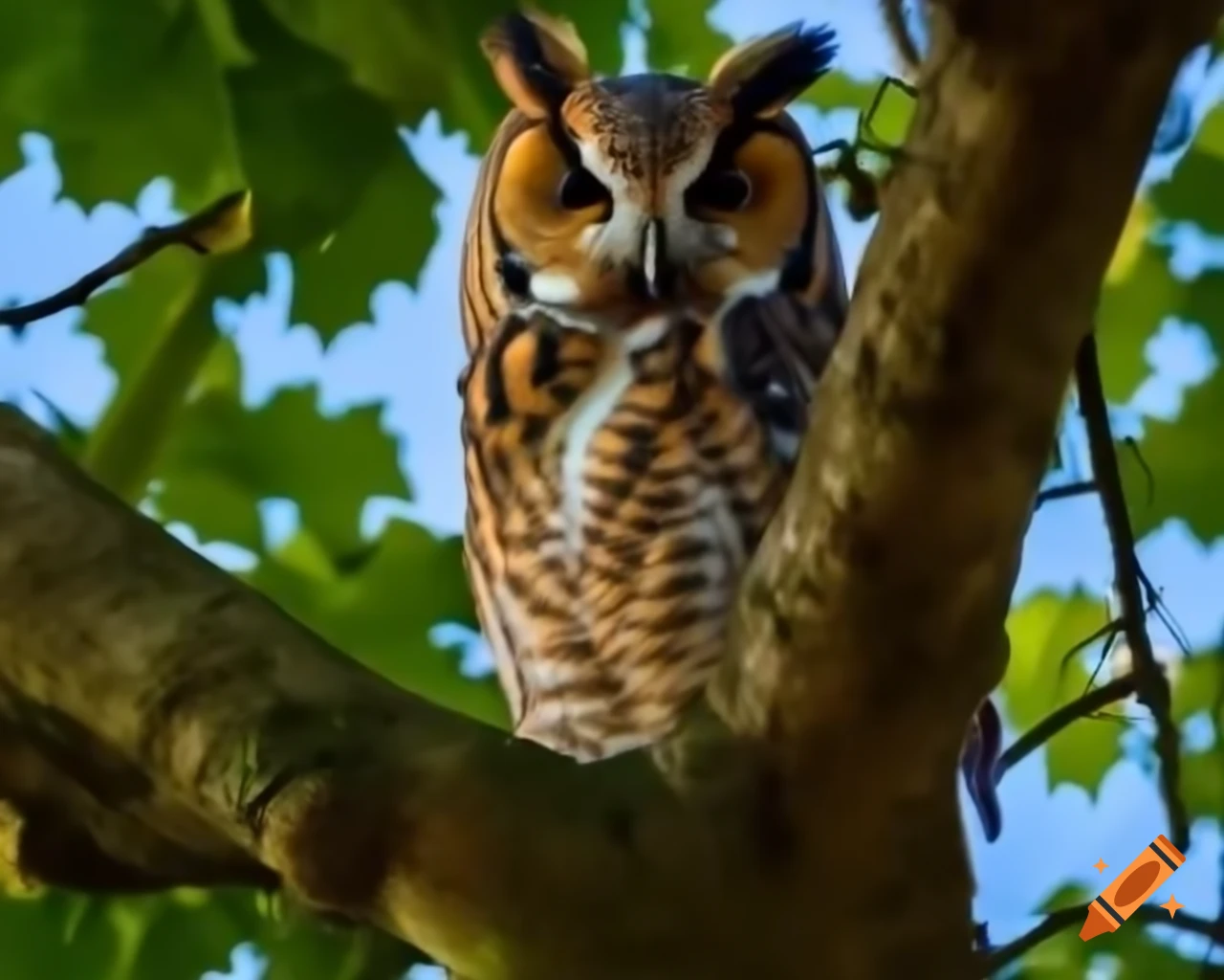 Wise owl on oak tree with lush green leaves and blue sky, colorful 8k