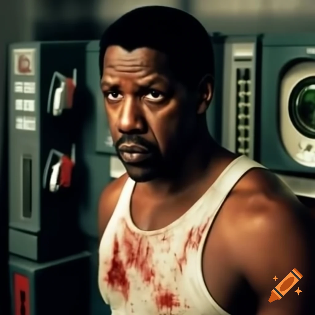 Denzel Washington in dirty tank top, bruised, using payphone in phone booth