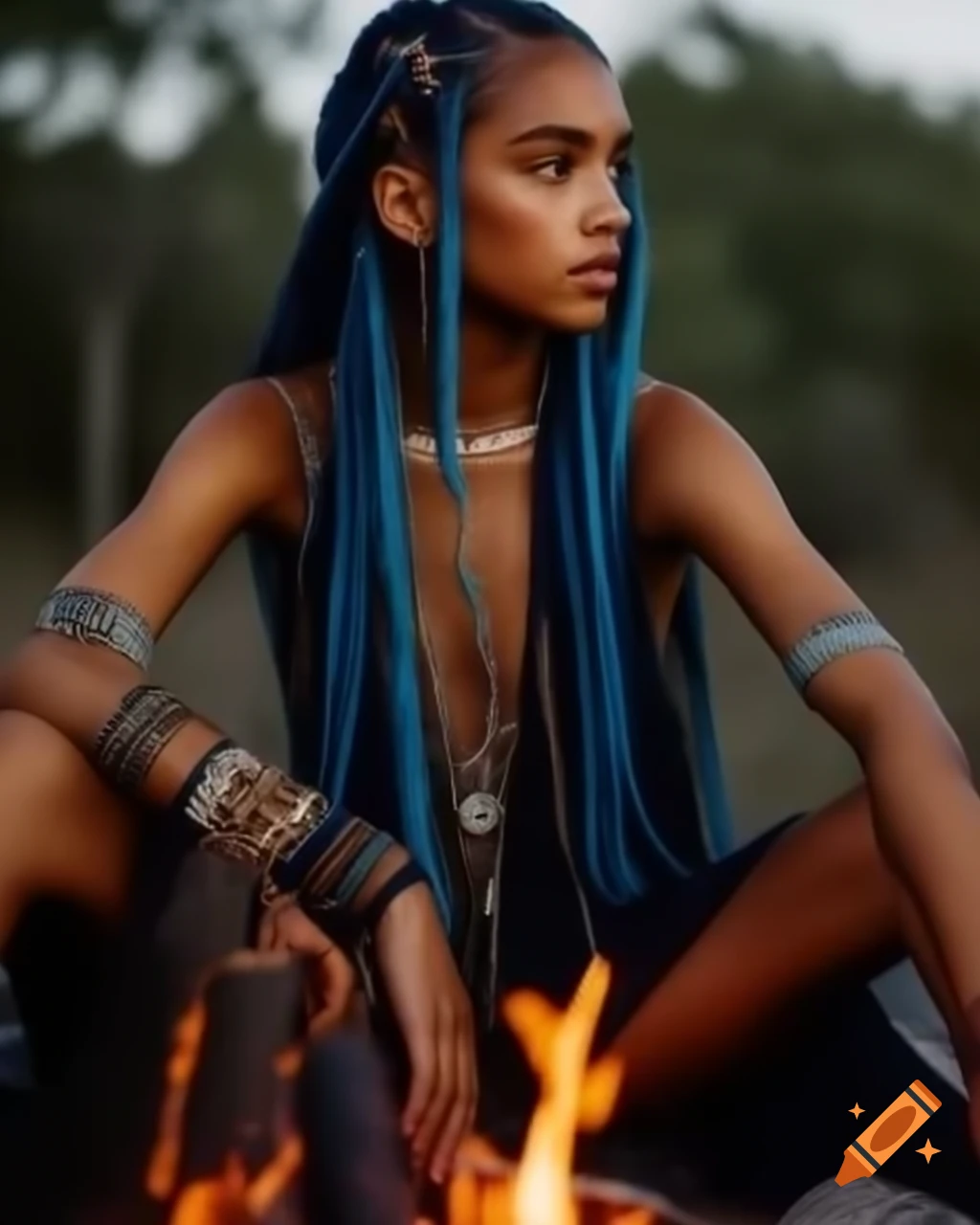 Young woman in hippie dress with ankle chains by campfire in summer