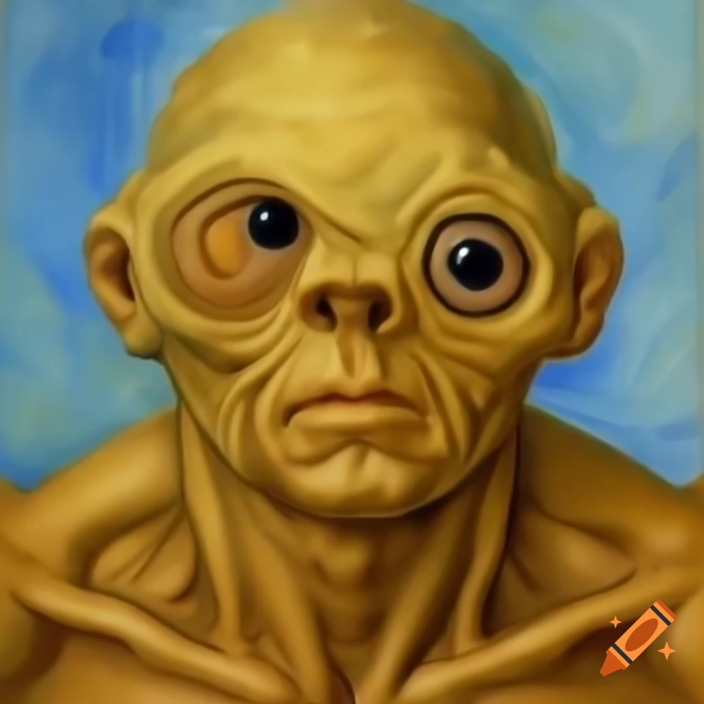 Golem character in Van Gogh and Rembrandt style, animation with watercolor elements