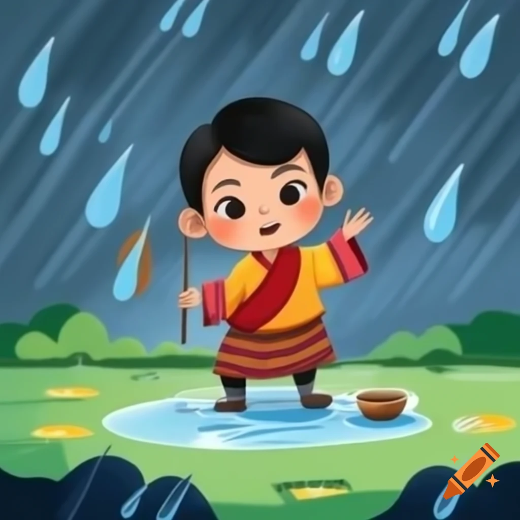 Bhutanese caricature of boy playing in drizzle rain