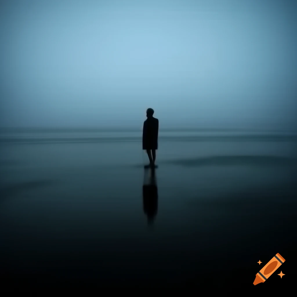 Foggy sea shore with distant man and ambient lights