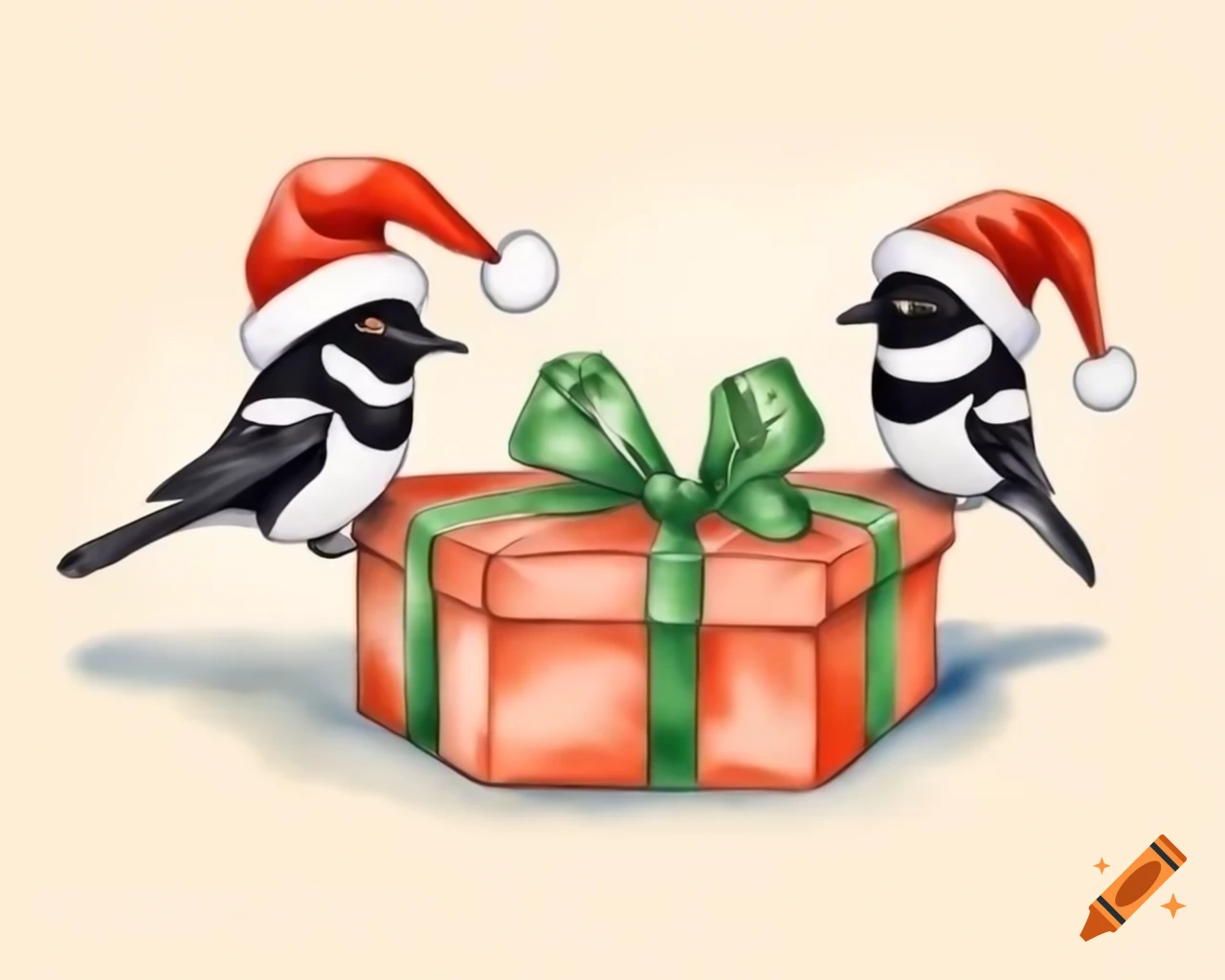 Mischievous magpies in Christmas hats with shiny ribbons on a gift, Beatrix Potter watercolor style