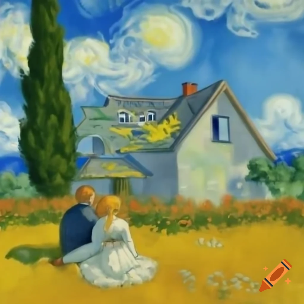 Couple in love near a peaceful house, in Van Gogh style