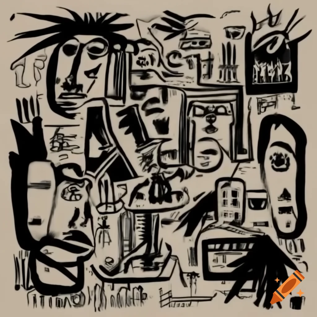 Gritty urban canvas with expressive human faces in shadowy hues, inspired by Jean-Michel Basquiat