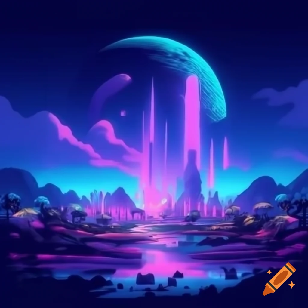 Futuristic eco-friendly civilization with neon city lights and vibrant nature