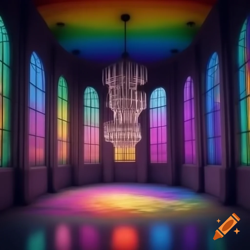 Vibrant rainbow room with unusual backwards chandeliers