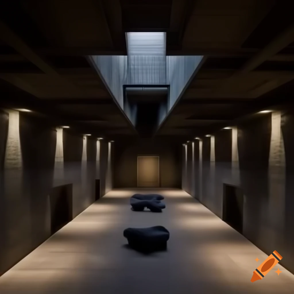 Brutalist architecture castle main hall with dark walls and central rock throne