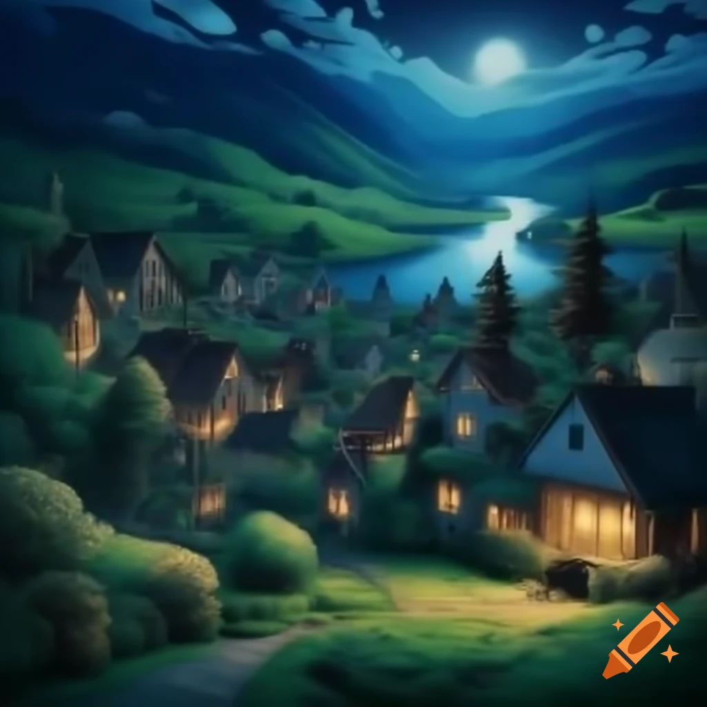 Night view of a picturesque village by a lake