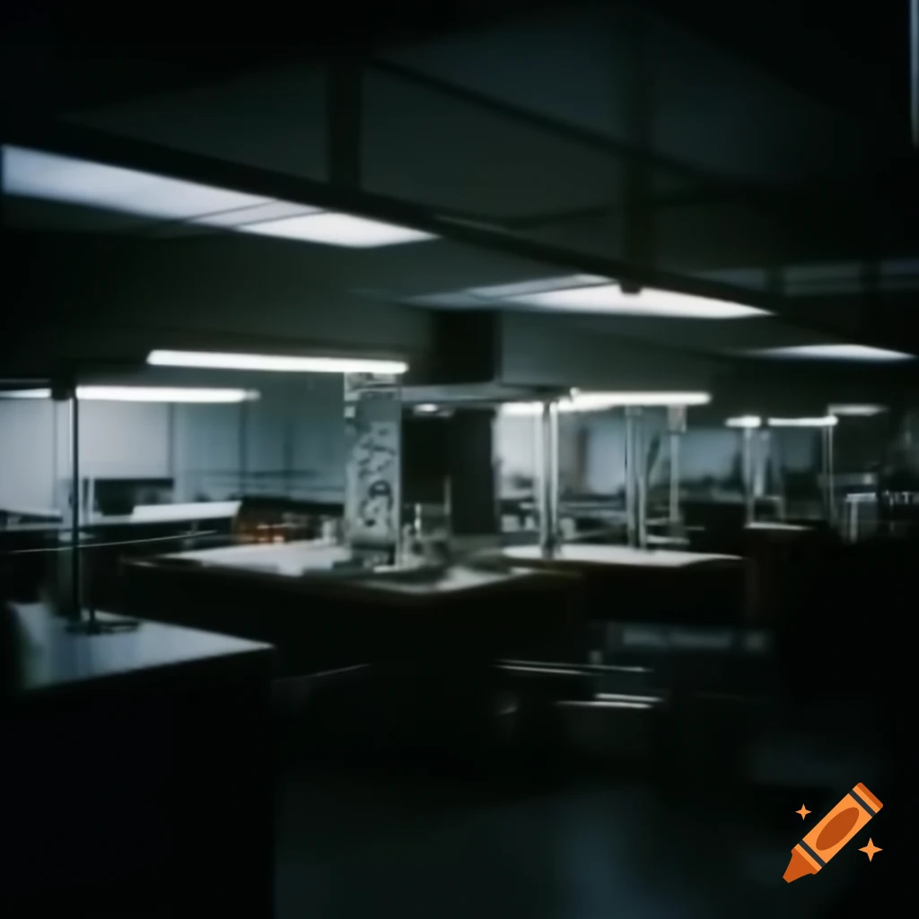 Dimly lit 80s laboratory room