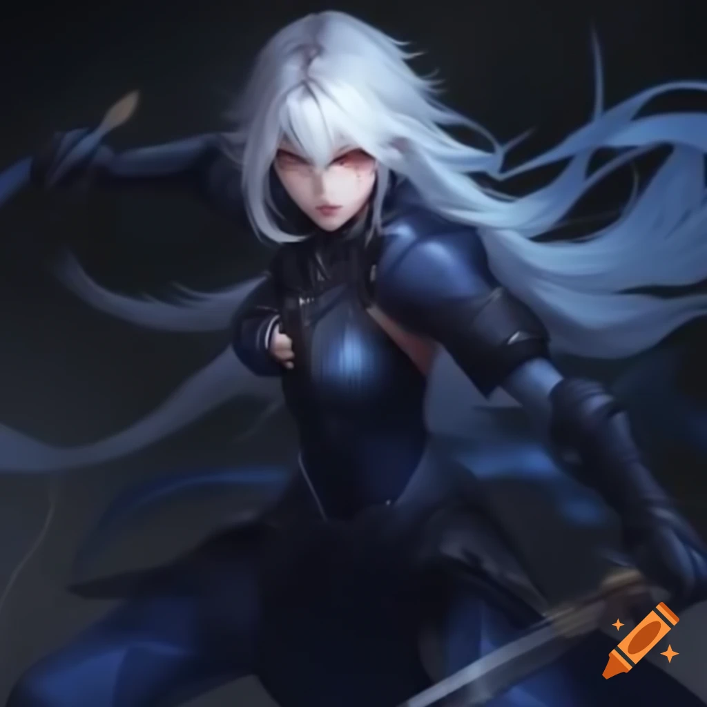 Anime dark female heroine with white and blue hair, dark armor and sword, yellow pupils