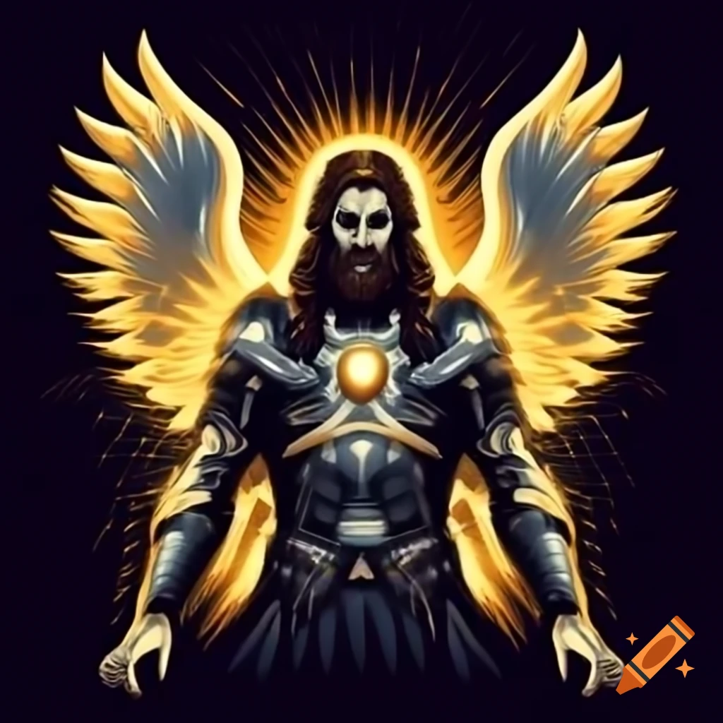 Powerful logo depicting armored Jesus radiating golden light and divine feathers