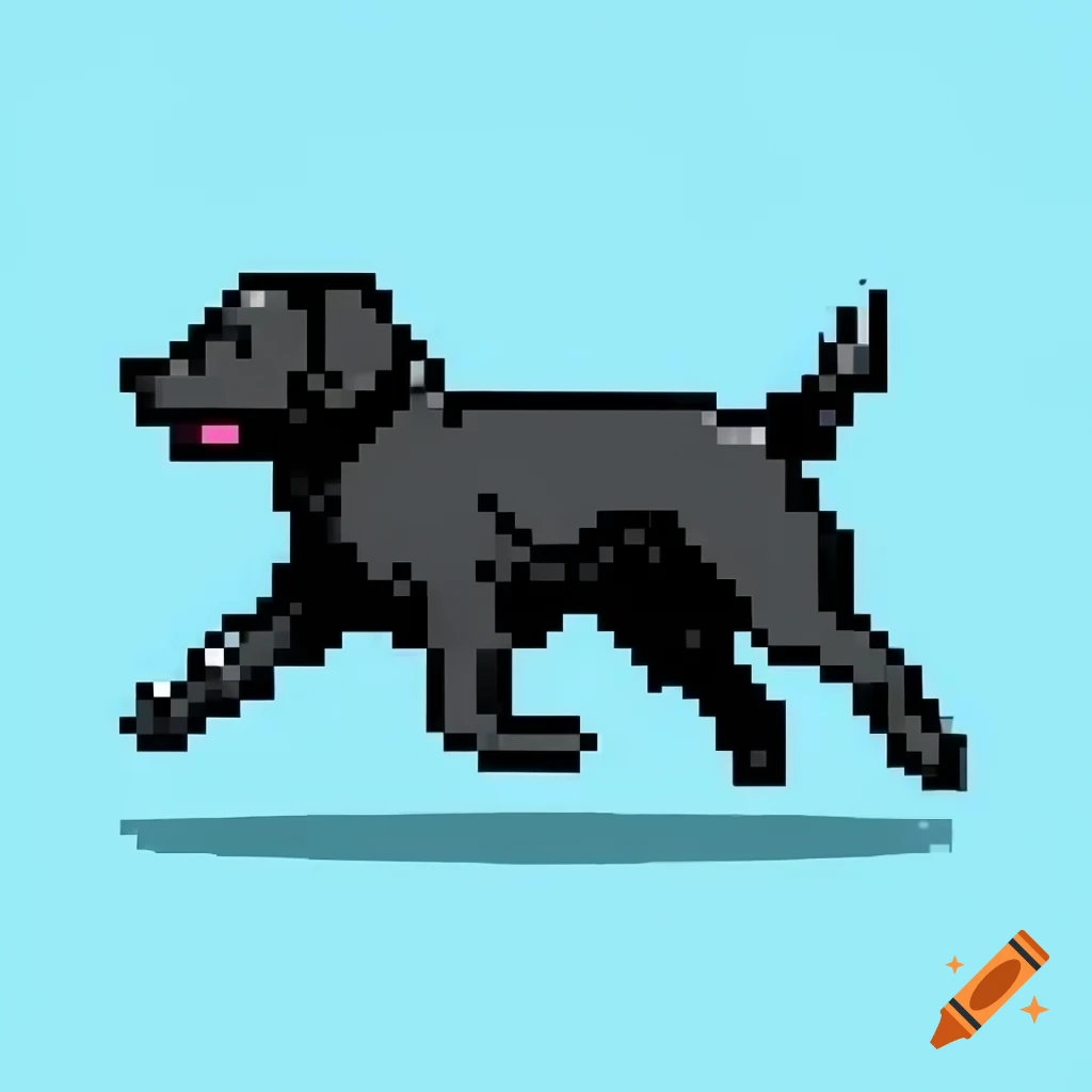Running black labrador in pixel art style