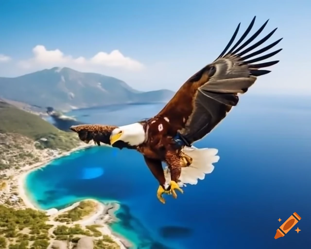 Yellow eagle soaring above hungarian countryside with outstretched ...