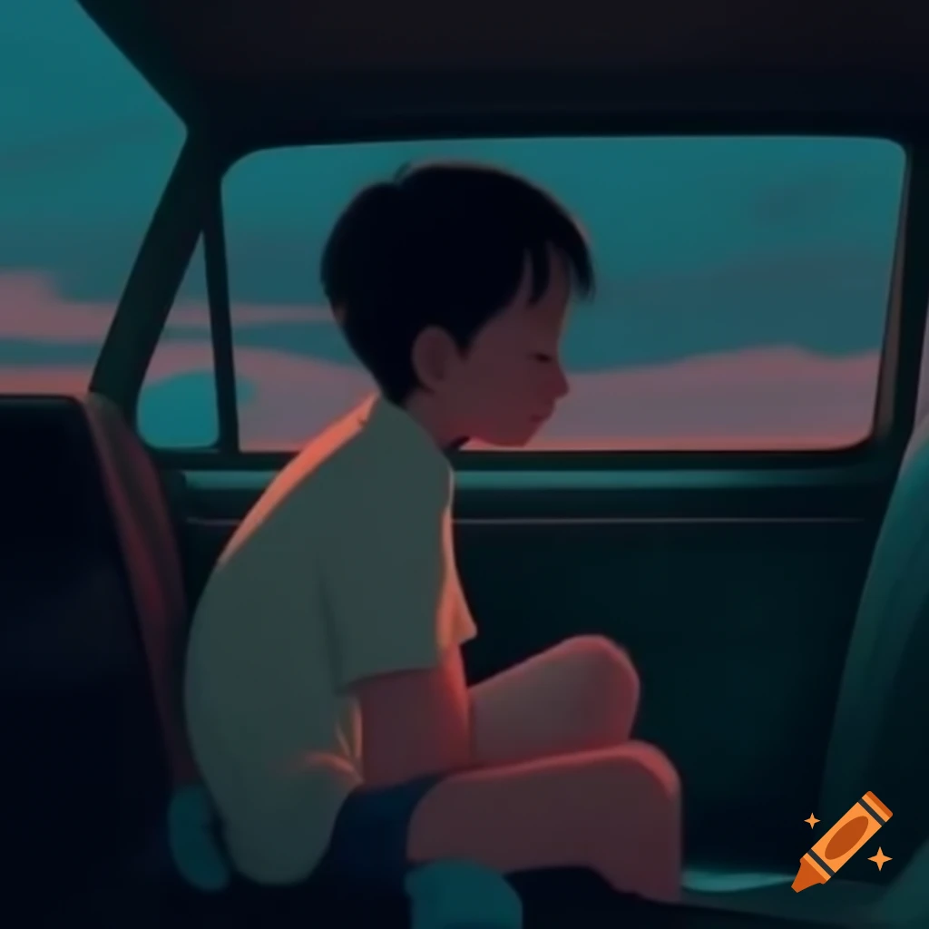 Boy sitting on car back during evening