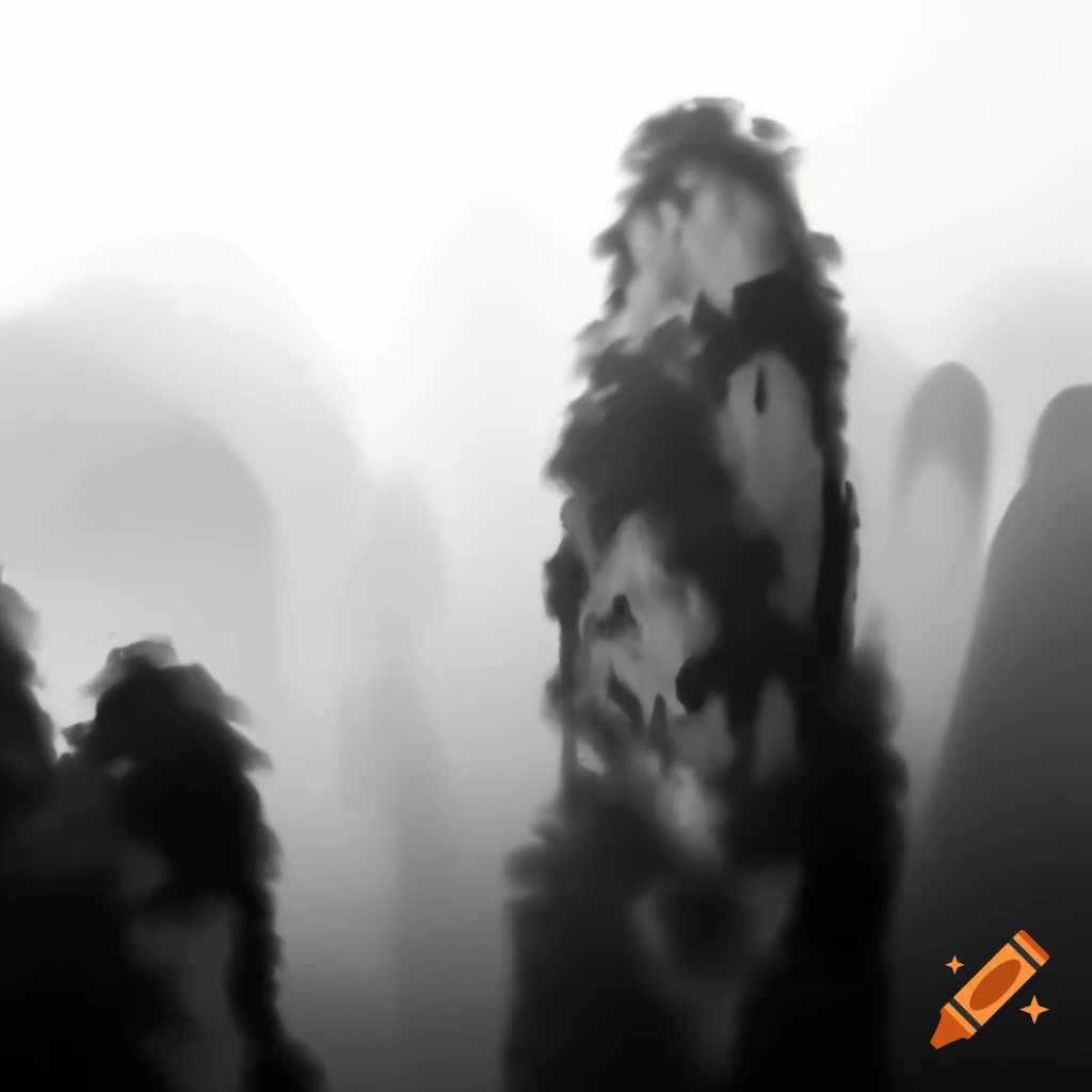 Monochrome ink painting of misty Huangshan mountain
