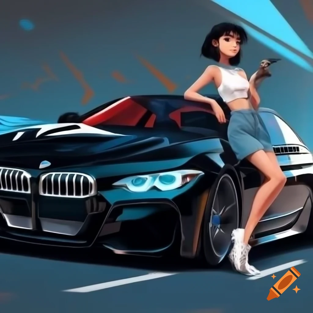 Stylish luxury BMW with confident girl holding car keys