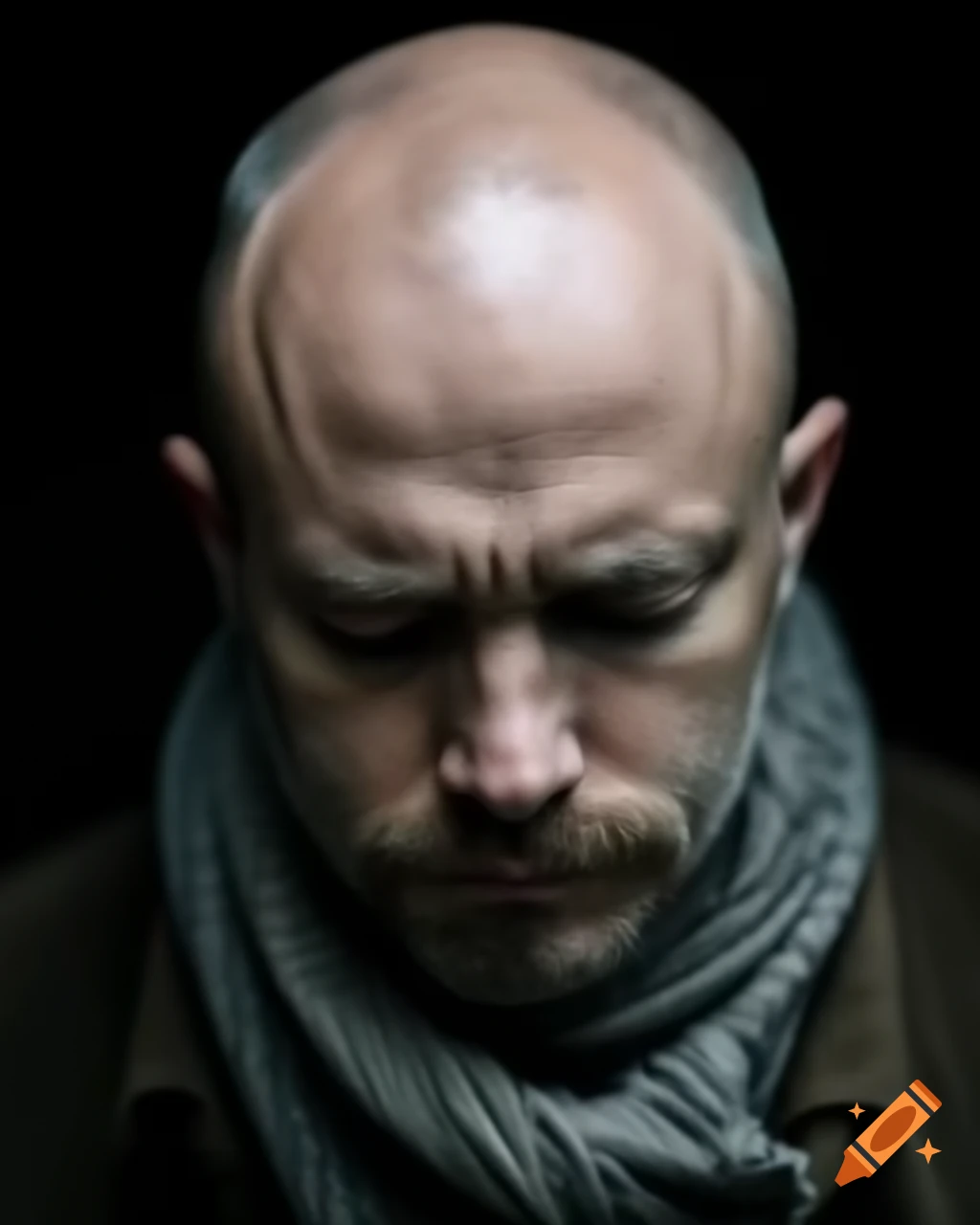 Grim bald man wearing a scarf