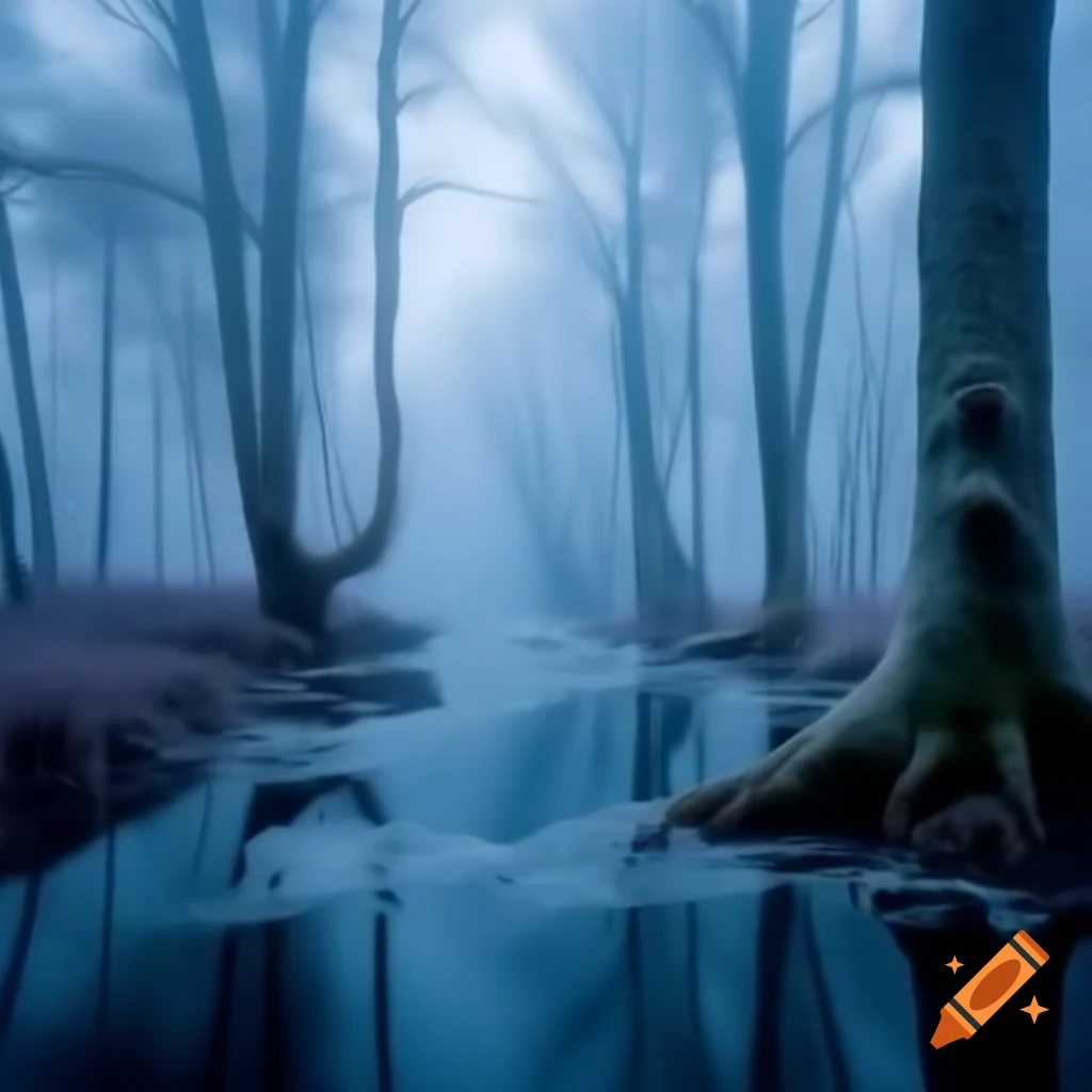 Frozen forest surrounded by bluish fog resembling oxygen