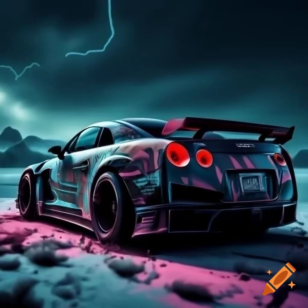 Battered post-apocalyptic Nissan GTR R35 with cyan and pink graffiti in icy wasteland