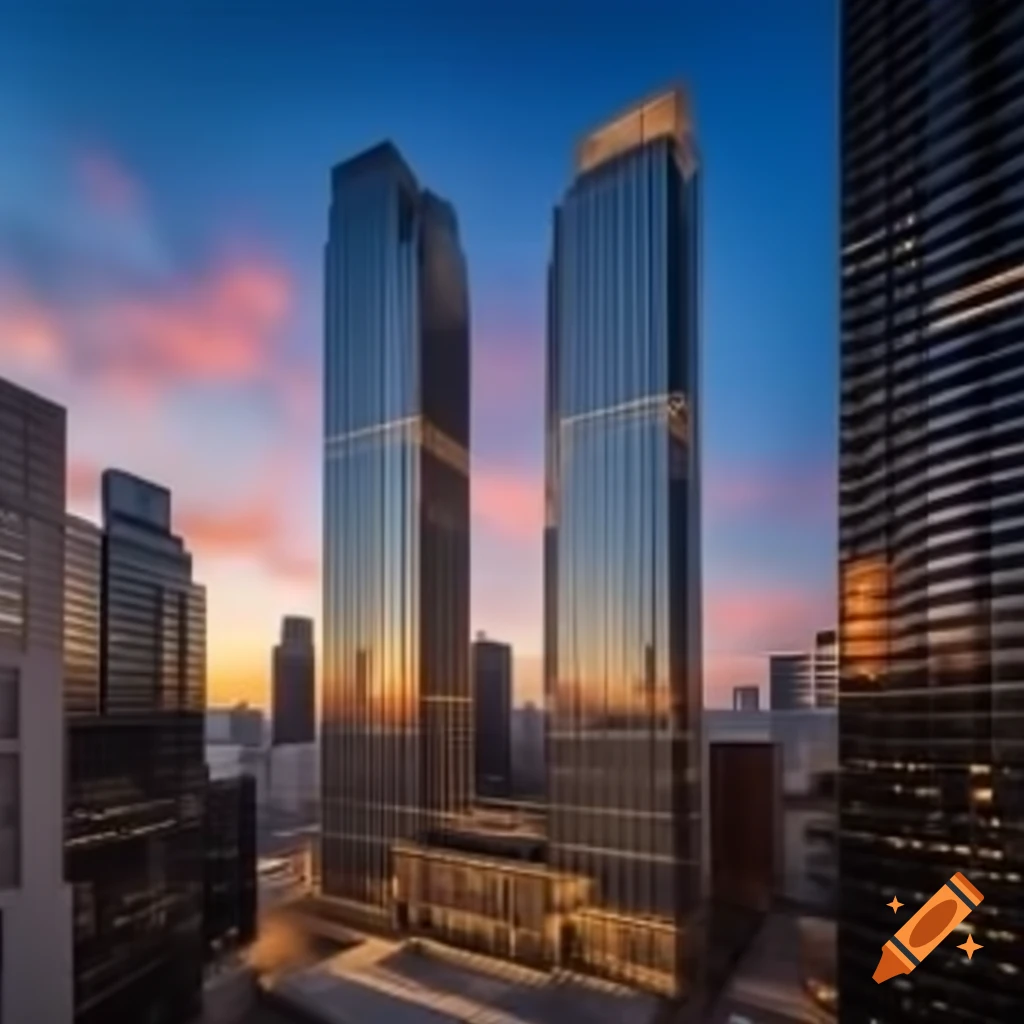 Luxury hotel skyscrapers at sunset in 4K HD