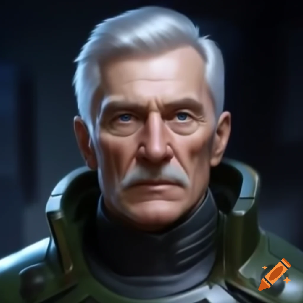 Portrait of a sixty-year-old Russian general in futuristic military outfit