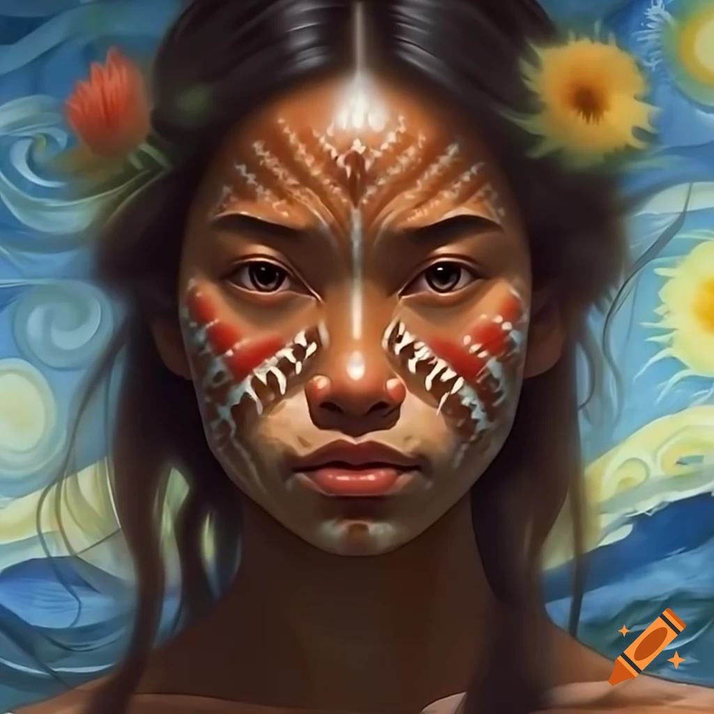 Full-body portrait of a Maori princess in animated watercolor and Rembrandt style