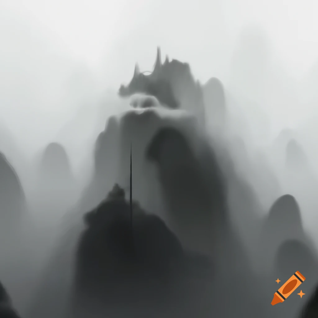 Grayscale ink drawing of misty mountain with Shaolin temple