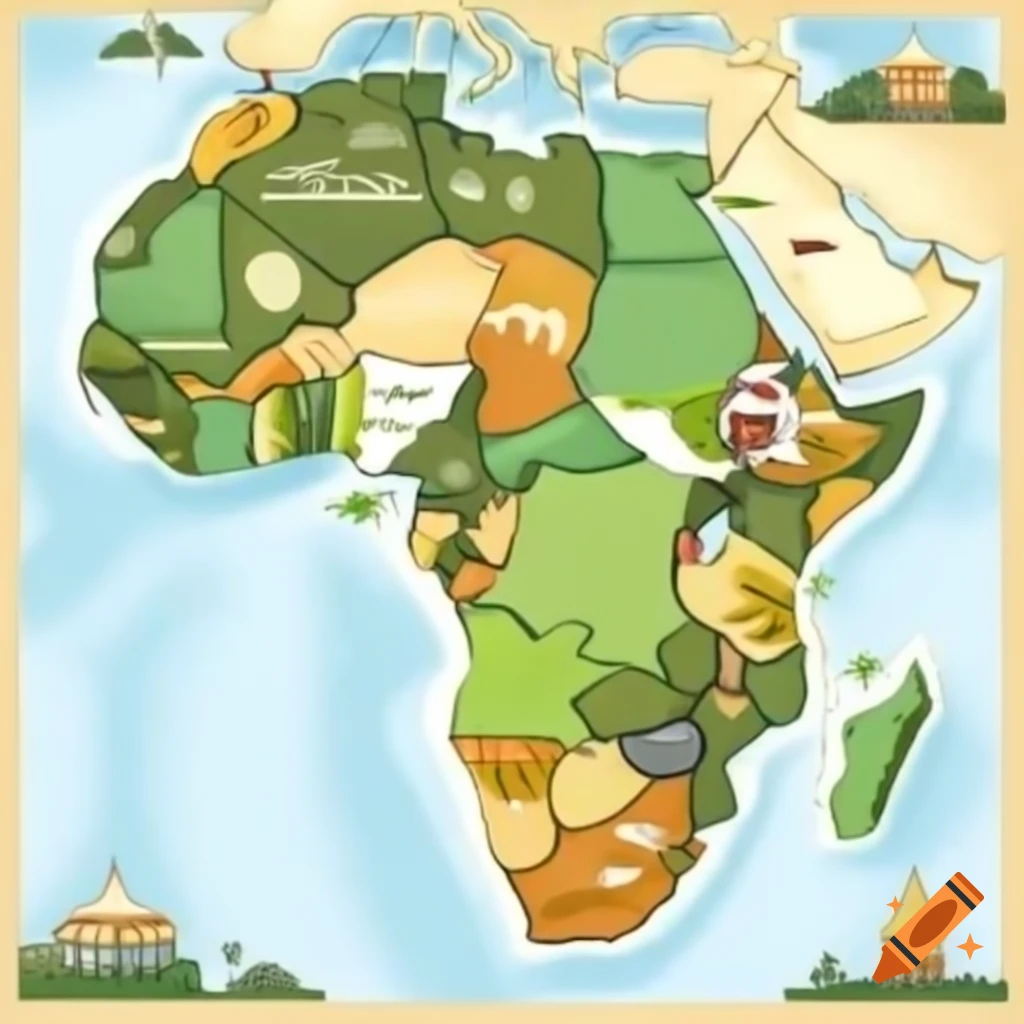 Cartoon satellite map of Africa and Madagascar with landmarks and country borders