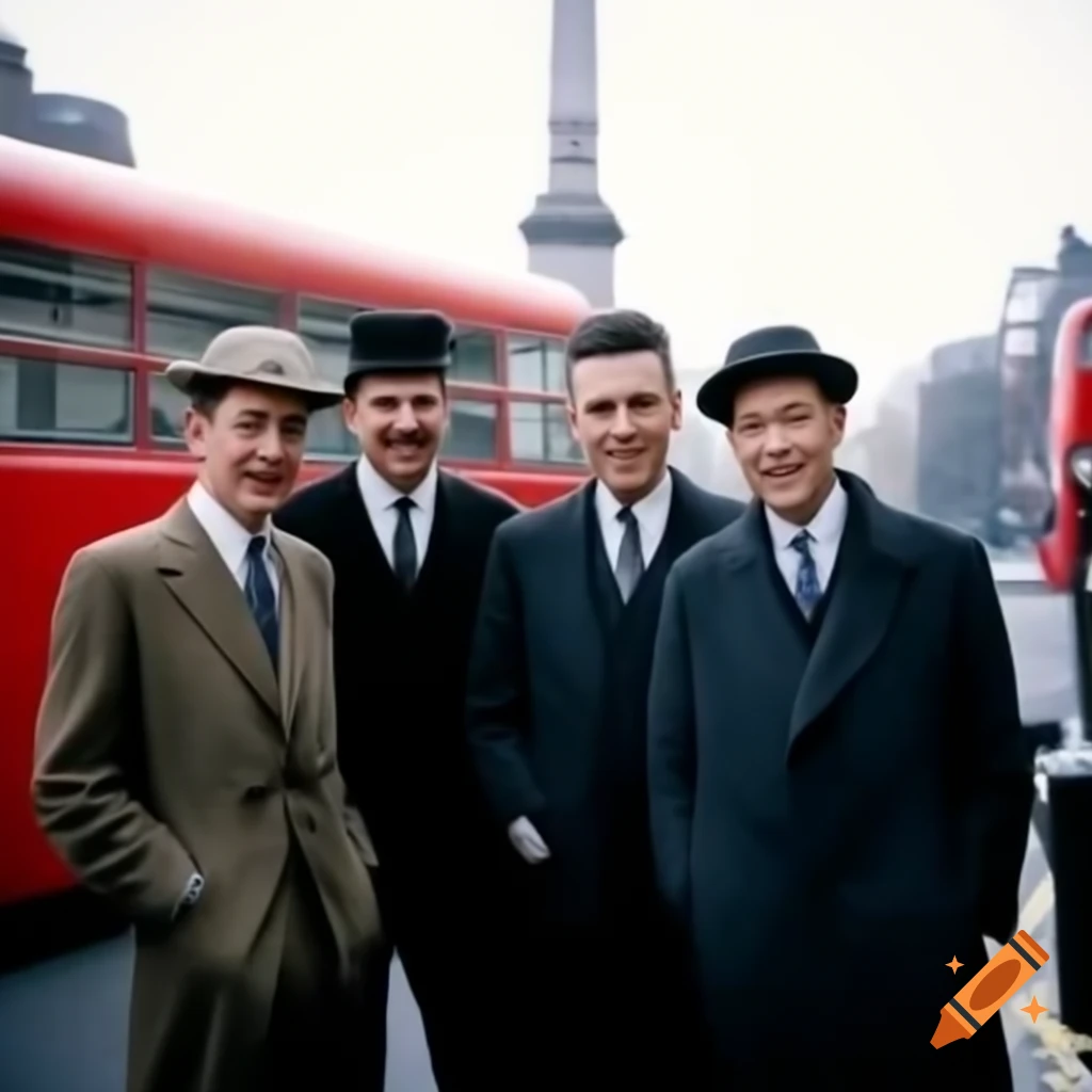 Four happy men near London monument with a red bus