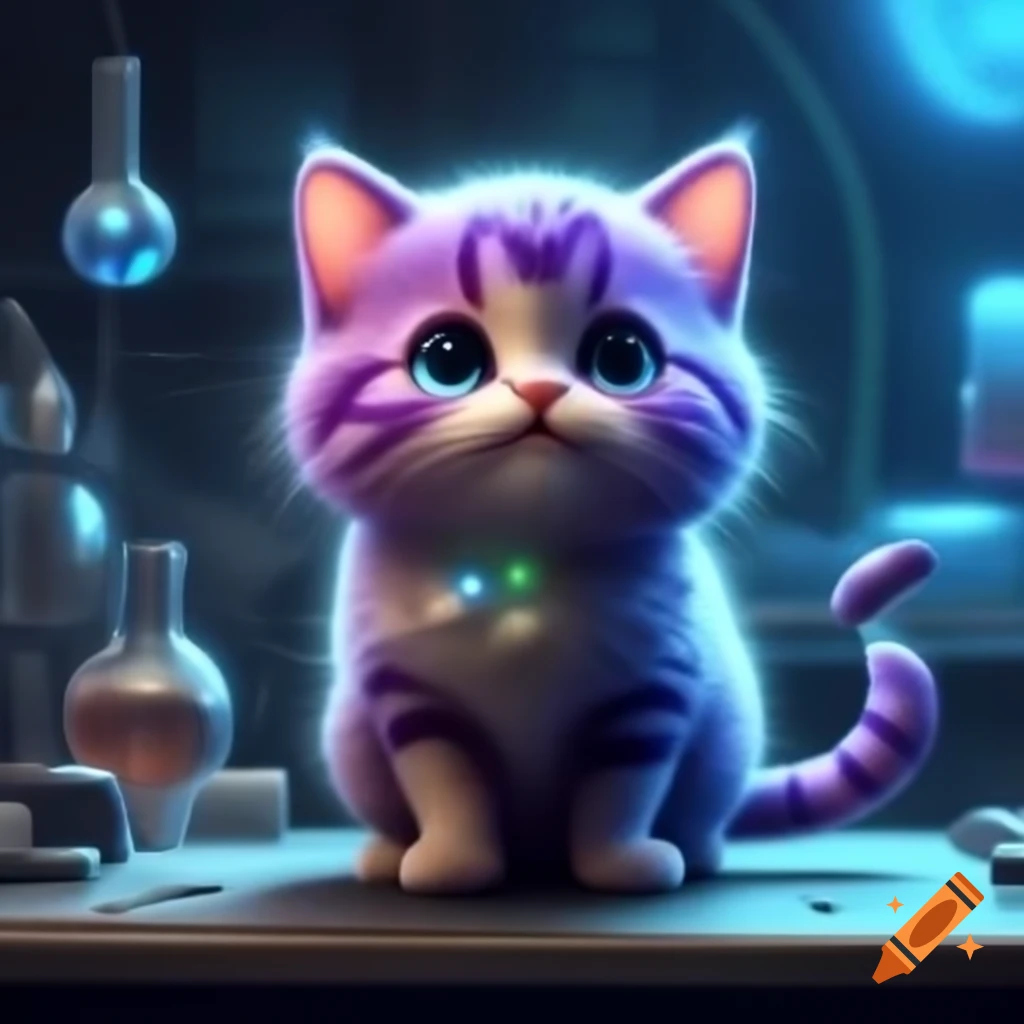 Adorable purple cat with crystal-like fur in sci-fi lab setting