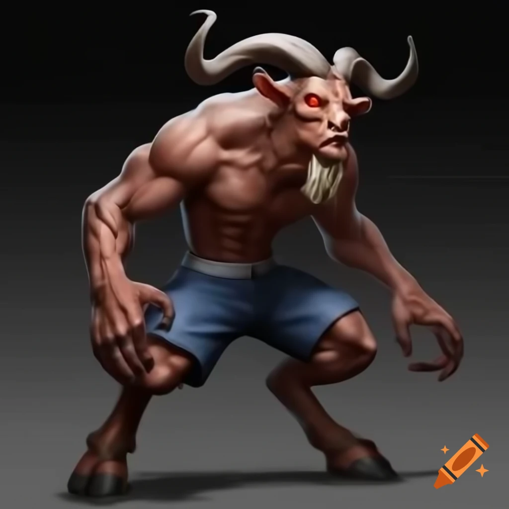 Realistic depiction of a goat-headed demon with large horns and muscular legs in a standing posture