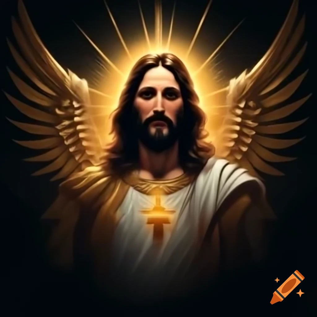 Logo of Jesus Christ in gold armor with angelic wings and ethereal light