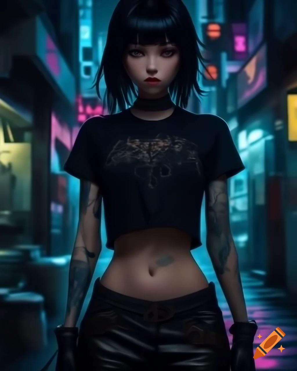 Punk-inspired young woman in dystopic fashion, black hair, lowrise pants, and crop top