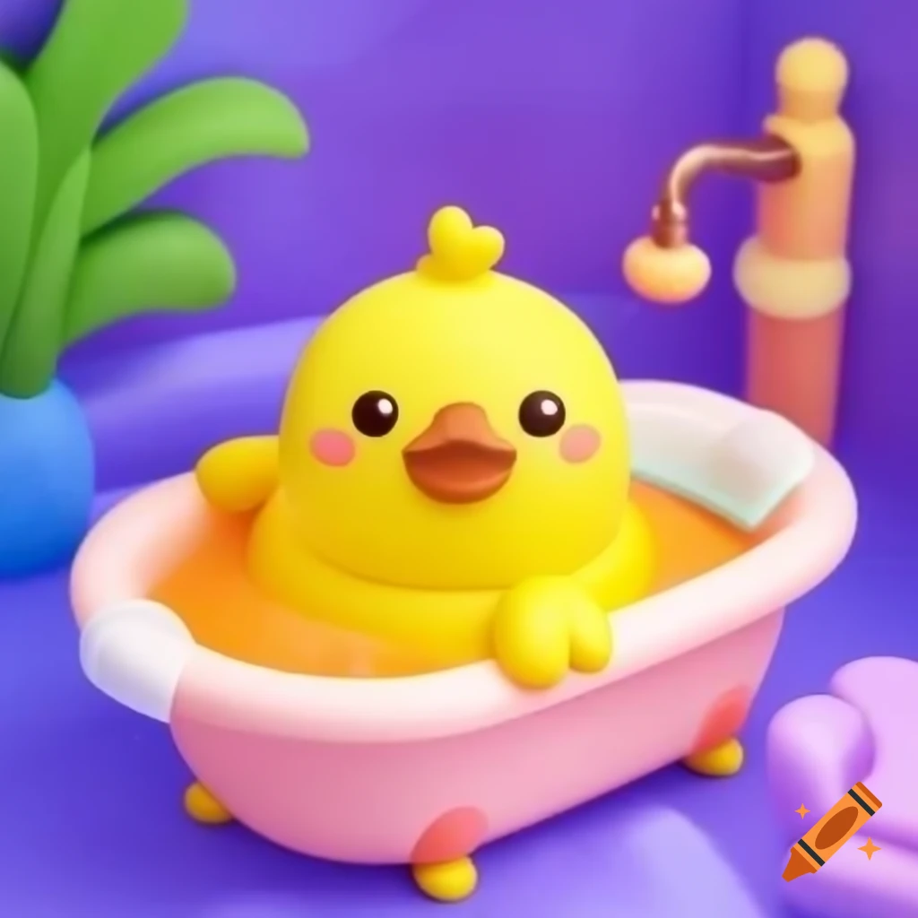 Cute classic yellow rubber duck in colorful bath setting