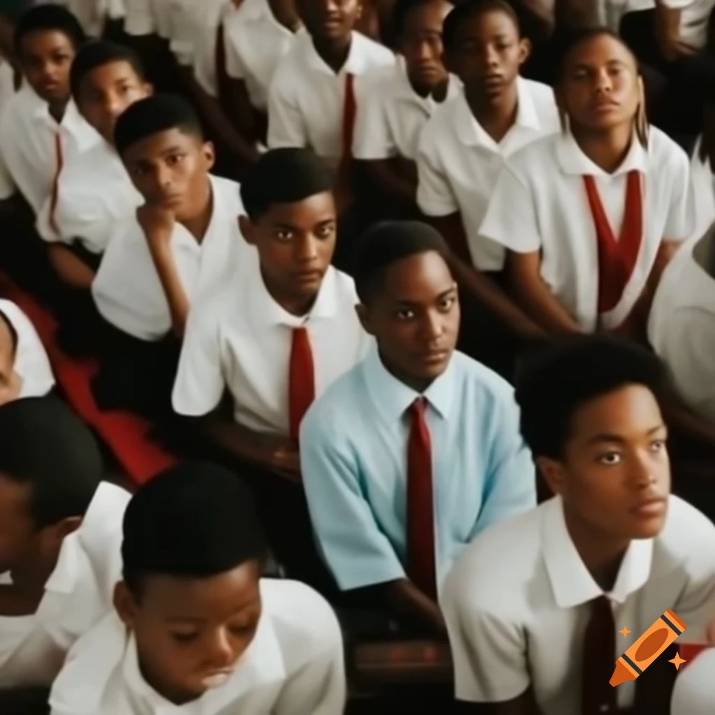 Overhead view of a classroom with boys in red, green, and blue clothes