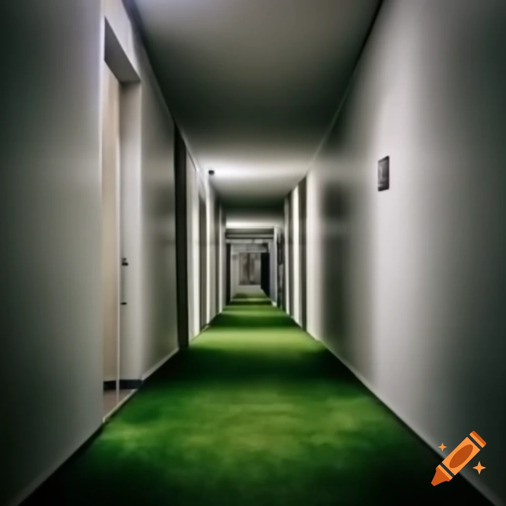 Hotel hallway with grass carpet and white tiled walls, rendered image