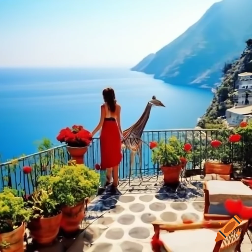 View from stone terrace on Amalfi Coast with citron plant and red roses, featuring a woman in a red dress and a giraffe