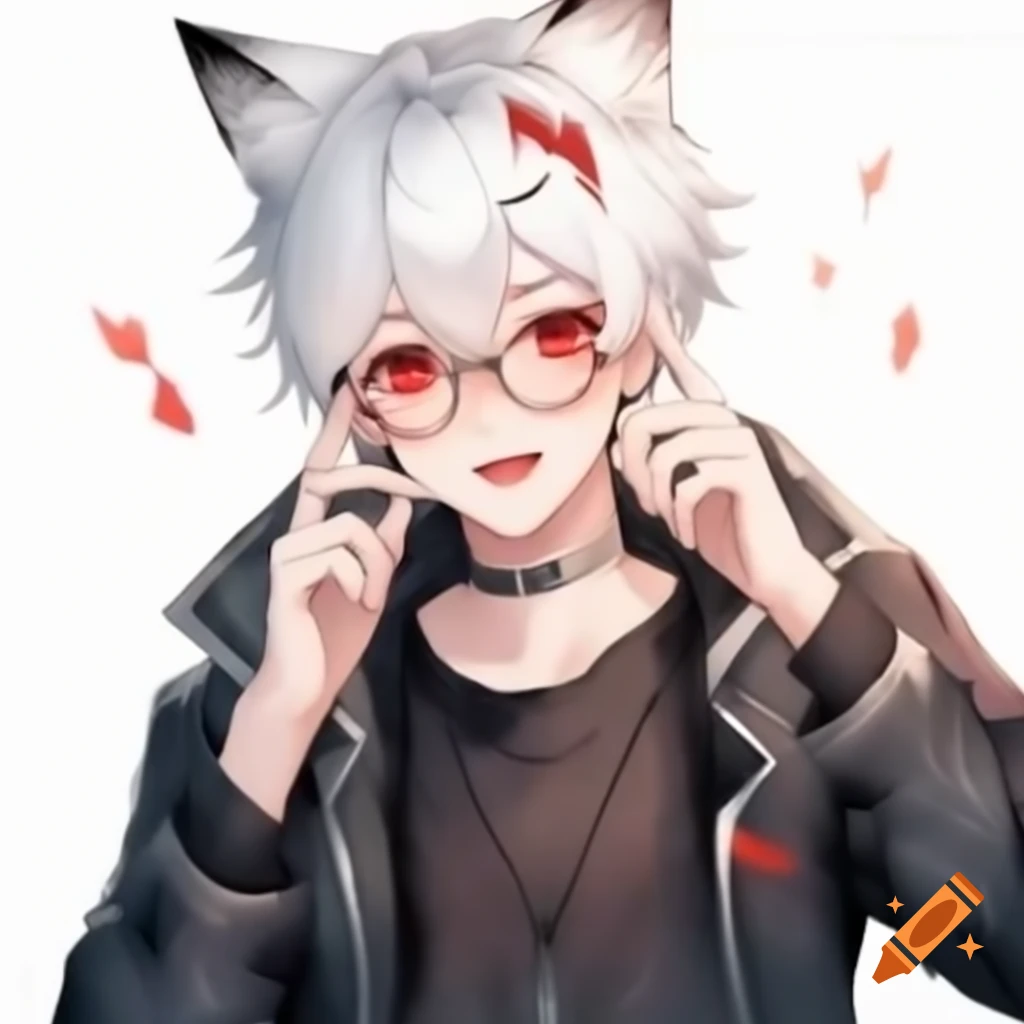 Anime character with white hair, red eyes, and fox ears in a black jacket
