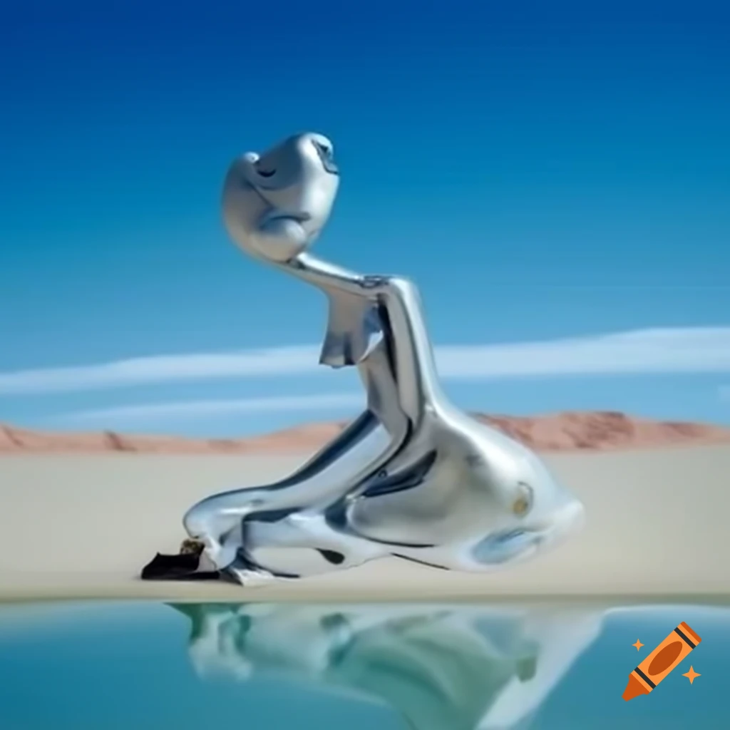 Pop surreal photography of silver statue woman in desert by blue lake, high detail